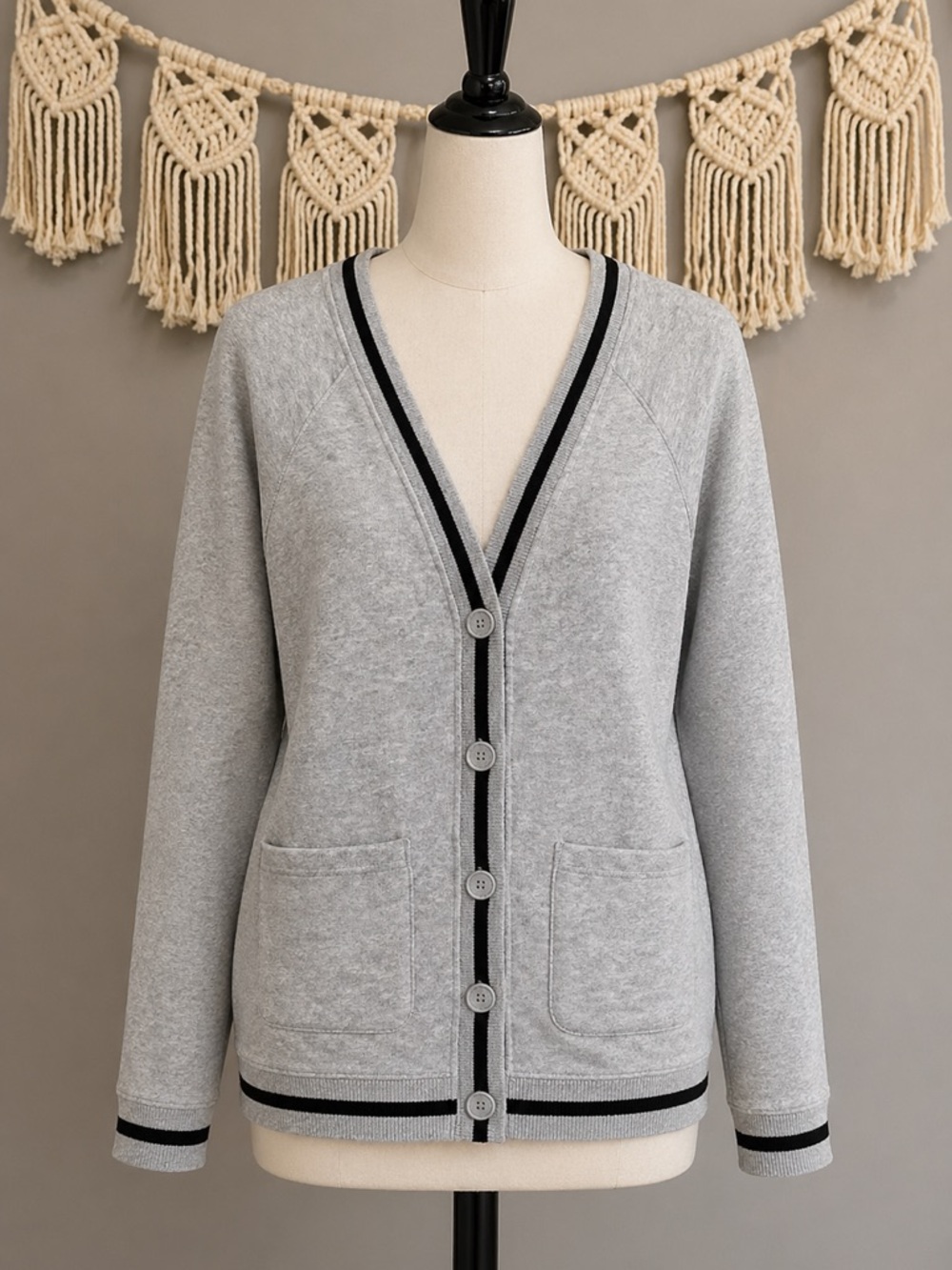 GAP Women's Light Gray Cardigan with Black Trim